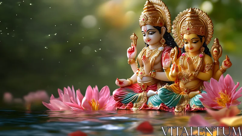 Ornate twin deities on lotus array with reflective water plane.