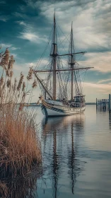 Tall ship rests near reeds on calm reflective harbor waters