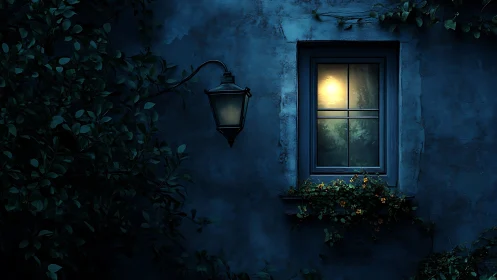 Moonlit cottage window glows softly against midnight blue.