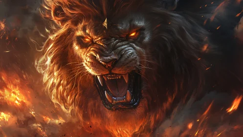 Infernal lion portrait merges feral anatomy with dynamic flames