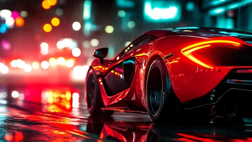 Sleek red supercar glows against rainy neon city lights tonight