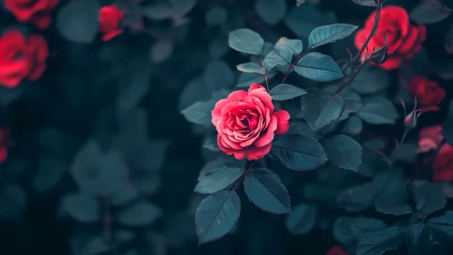 Jeweled Bloom: Where Crimson Petals Dance Through Midnight Foliage.