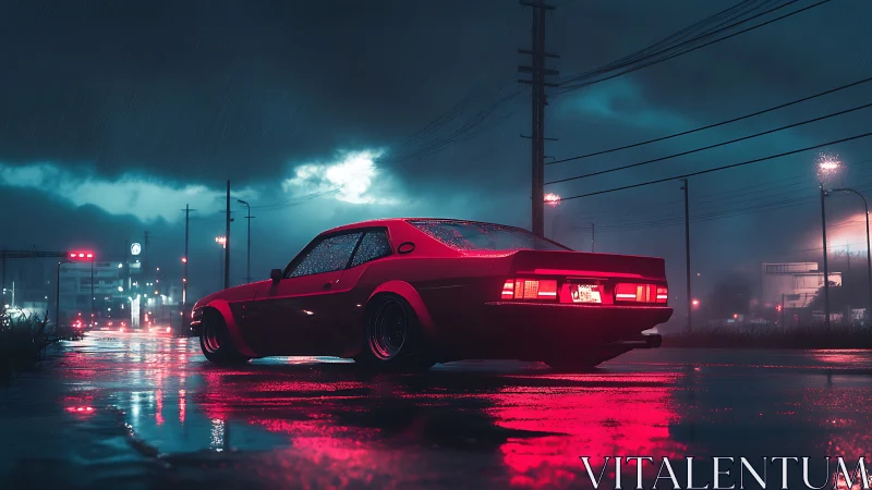 Neon-soaked red coupe idles in moody midnight rainstorm.