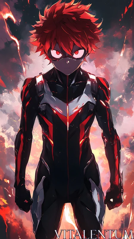 Masked anime hero stands in blazing red storm light