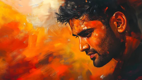 Contemplative man’s profile glows in fiery abstract light