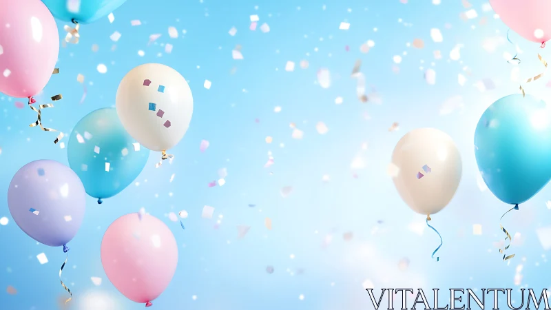 Pastel balloons suspended in clear sky with confetti particles.