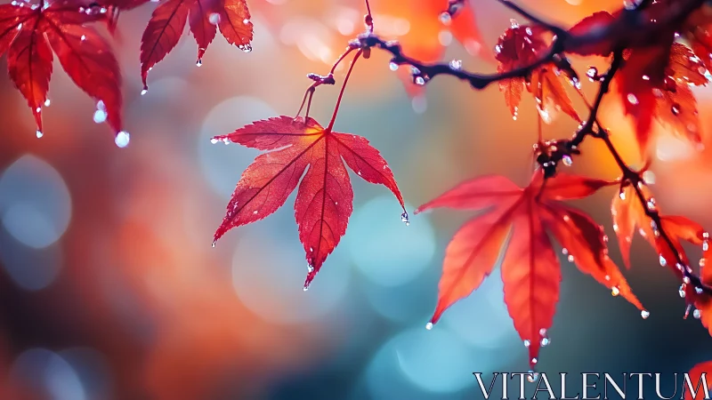 Shallow-depth macro study of wet red maple leaves against bokeh field