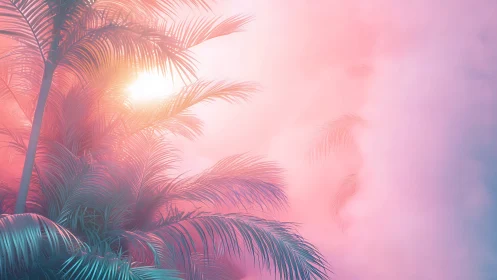 Neon tropical palms in soft pastel atmospheric sunrise glow.