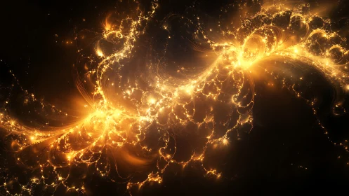 Golden fractal light patterns on dark abstract background.