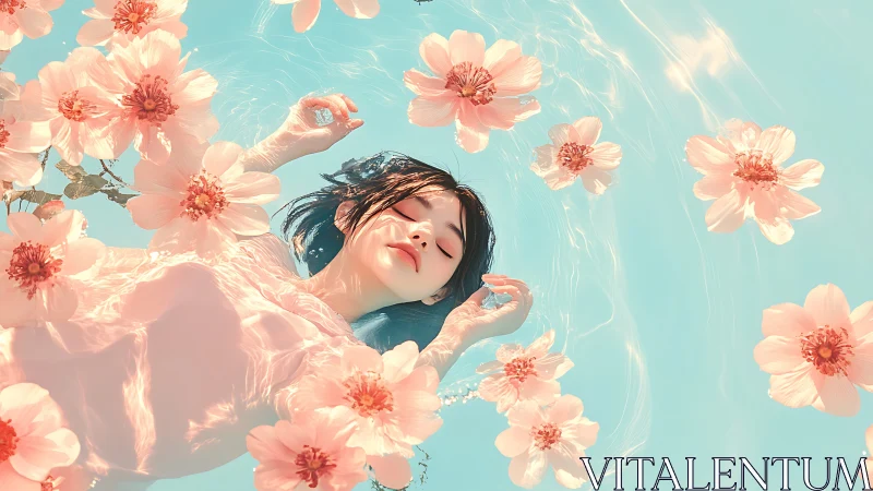 Dreamlike girl drifts in pastel water among floating blossoms