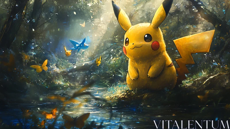 Pikachu in luminous forest clearing beside reflective stream