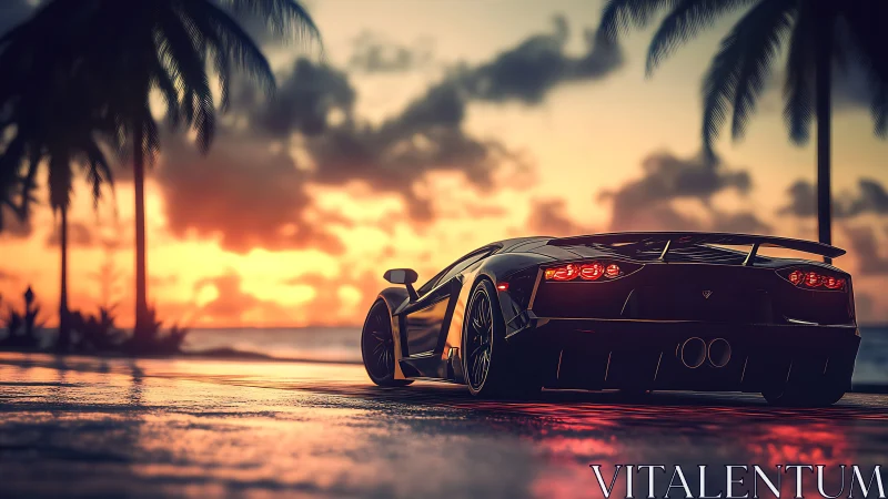 Supercar silhouette cuts neon reflections under tropical sunset.