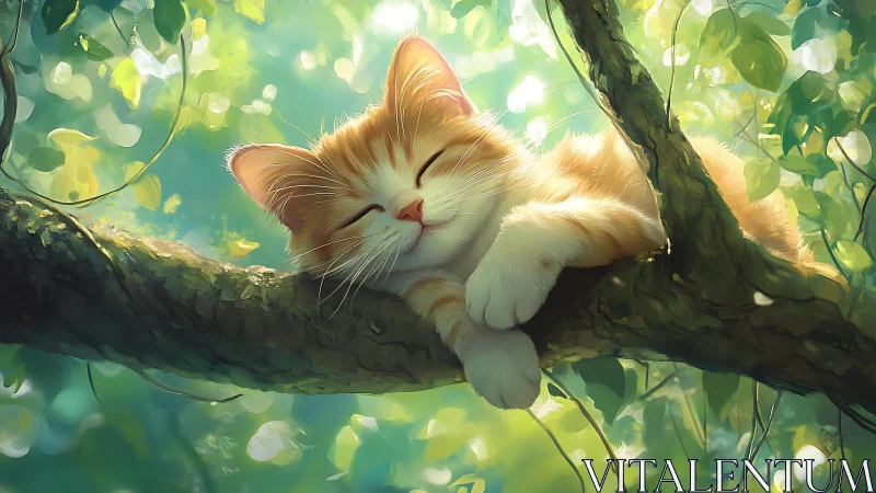 Ginger Cat Resting Peacefully on a Branch in Sunlit Forest