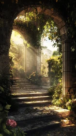 Sunlit stone archway with volumetric rays over overgrown steps