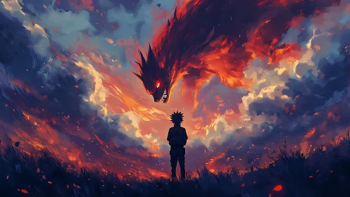 Solitary anime figure facing fiery skyborne demon entity