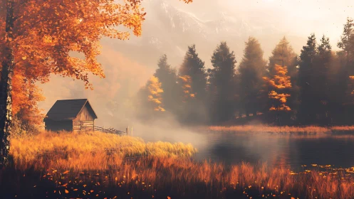 Autumn lakeside cabin in mist with dense golden deciduous forest