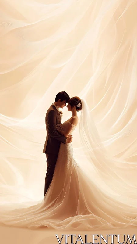 Elegant bridal couple embraced under flowing veil drapery.