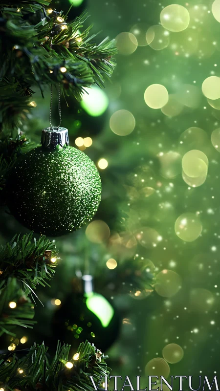 Green ornament on illuminated artificial evergreen tree branch.