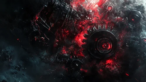 Mechanical gears emerge from chaotic red and black abstract field