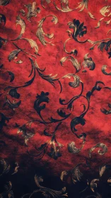 Baroque floral scrollwork over distressed crimson ground.