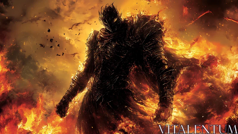 Armored shadow warrior emerges from infernal firestorm