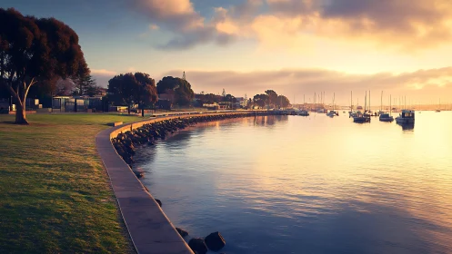 Curved waterfront promenade with moored boats at sunrise.