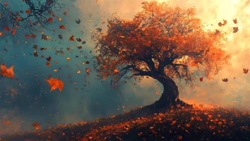 Storm-tossed autumn tree blazing against a dreamlit sky.