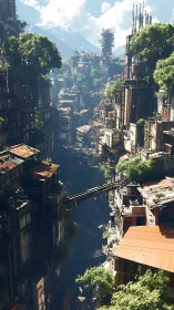 Sunlit vertical cityscape blends steel towers with green life