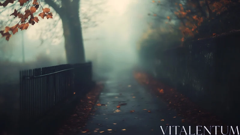 Foggy autumn pathway with wet pavement and fallen leaves.