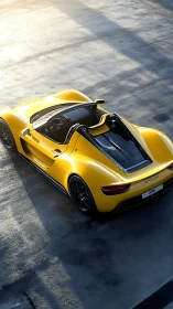 Yellow roadster supercar in cinematic top-down sunlight view.
