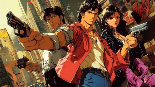 Triadic gunfighters confront viewer in neon-soaked urban alleyway