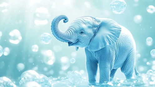 Blue baby elephant walks through glowing floating bubbles
