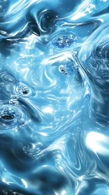 Blue liquid surface shows reflective waves and clustered bubbles