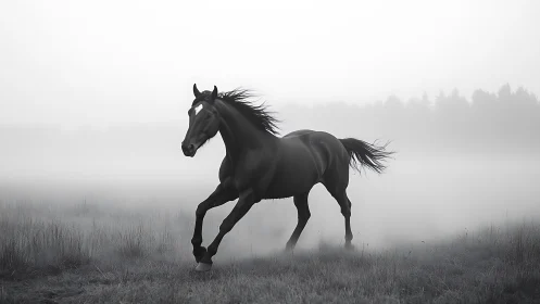High-contrast equine motion study in dense atmospheric fog.