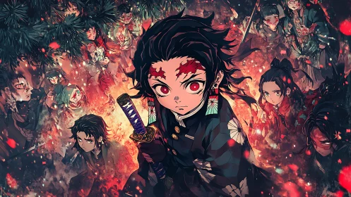 Fiery anime sword warrior confronts destiny amid swirling allies