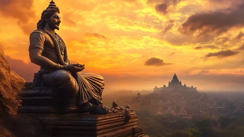 Serene mountaintop deity statue above misty temple city.