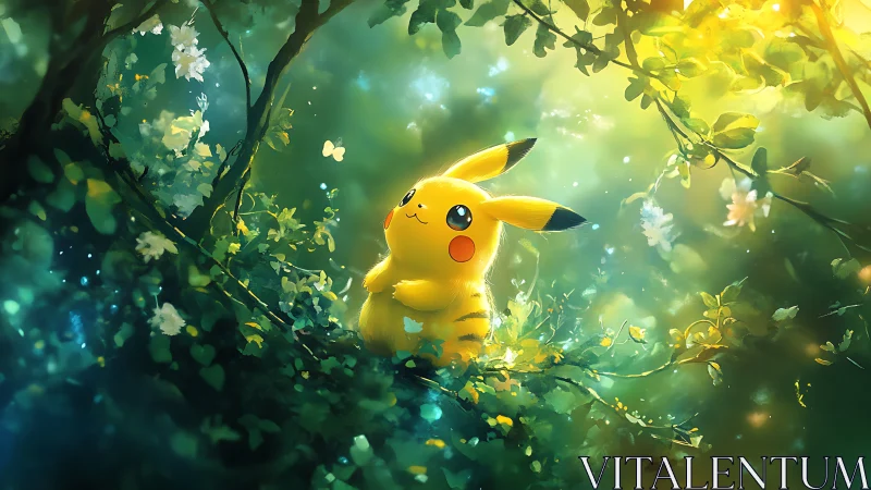 Diffuse backlit Pikachu rendered in luminous forest bokeh field
