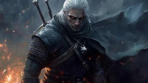 White-haired warrior with swords in dark, smoky battle scene.