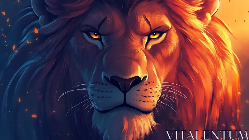 Majestic lion portrait glows with intense fiery lighting