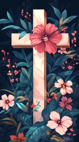 Marble cross structure surrounded by dense floral growth.