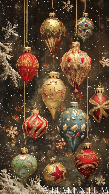 Ornate glass baubles display intricate gilded relief under snow
