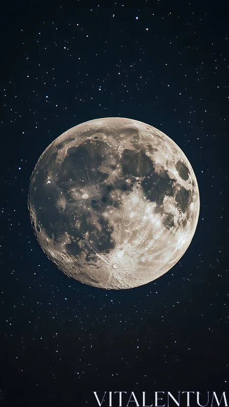 Crisp lunar surface glows against a star-filled night sky.