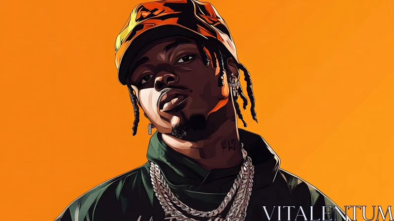 Bold hip hop portrait under vivid orange backdrop.