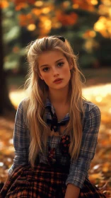 Autumn portrait of blonde girl in plaid with cinematic bokeh