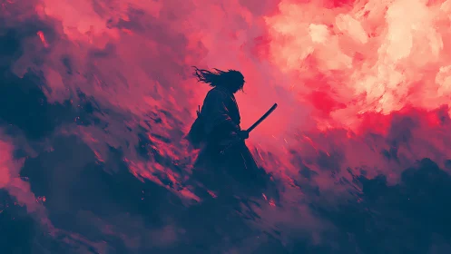 Stormlit ronin drifts through a crimson tempest sky.