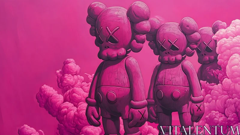 Row of pink stylized figures amid dense cloud formations.