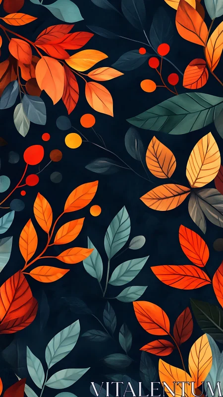 Stylized autumn foliage pattern on dark blue background.