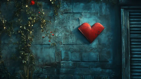 Red Heart Symbol on Weathered Teal Brick Wall