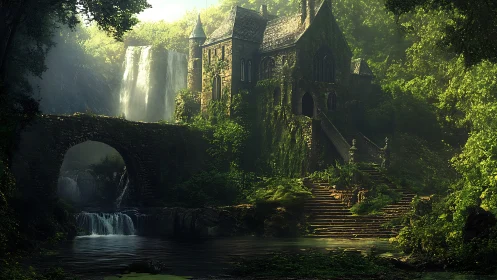 Mossy riverside manor rests quietly beside tall waterfalls