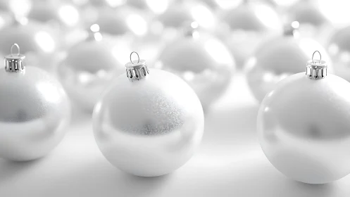 White glass baubles arranged in soft focus rows for decor.